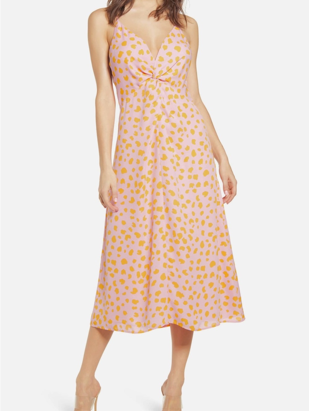 Leith Knot Front Dot Print Midi Dress Pink Twist Front Summer Date Vacation XS